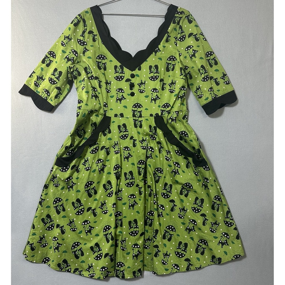 Voodoo Vixen Cats Swing Dress Womens 3XL Green Black Rockabilly Retro Whimsical
